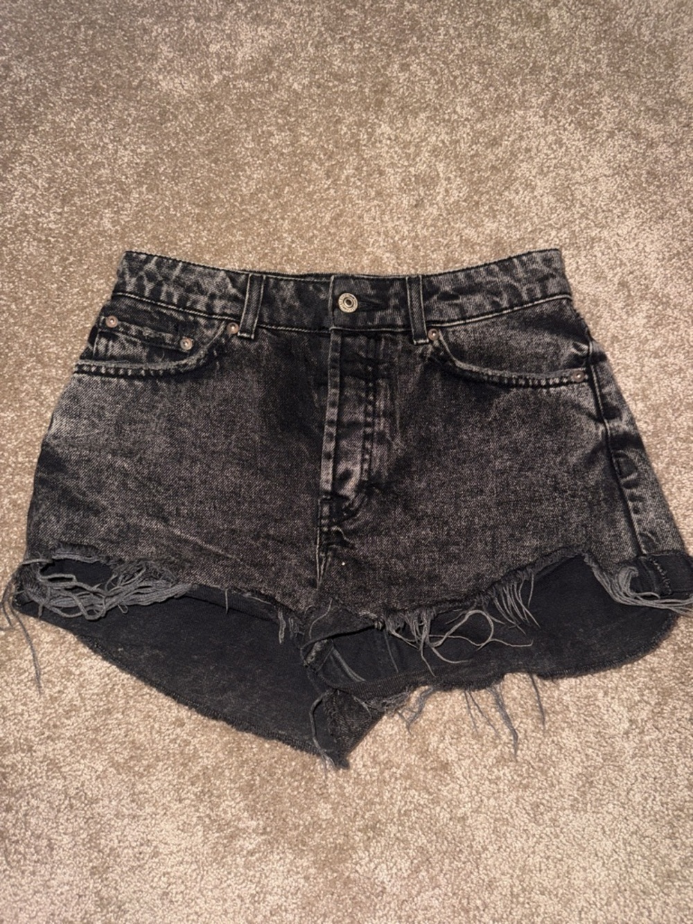 Mango Black Washed Distressed High-Rise Denim Shorts. T